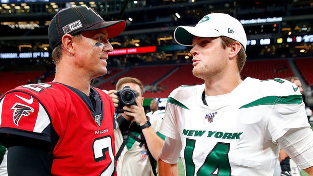 ATLANTA, GEORGIA - AUGUST 15: Matt Ryan #2 of the Atlanta Falcons converses with Sam Darnold #14 of the New York Jets after their 22-10 loss during a preseason game at Mercedes-Benz Stadium on August 15, 2019 in Atlanta, Georgia.
