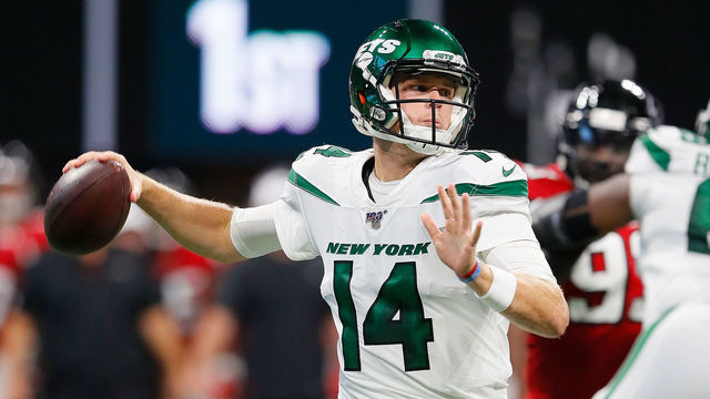ATLANTA, GEORGIA - AUGUST 15: Sam Darnold #14 of the New York Jets looks to pass against the Atlanta Falcons during the first half of the preseason game at Mercedes-Benz Stadium on August 15, 2019 in Atlanta, Georgia.
