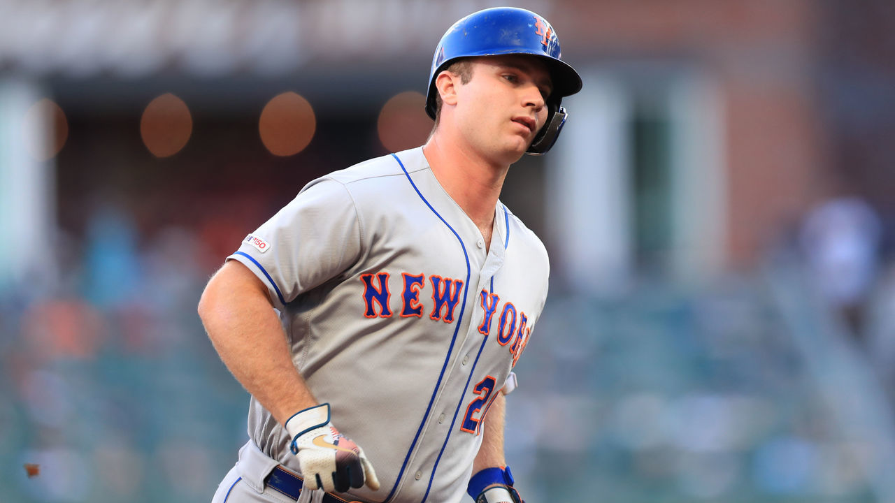 ATLANTA, GA - AUGUST 15: Pete Alonso #20 of the New York Mets rounds third after hitting a three run home run in the first inning during the game against the Atlanta Braves at SunTrust Park on August 15, 2019 in Atlanta, Georgia.