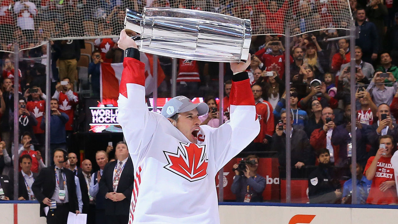 TORONTO, ON - SEPTEMBER 29: Sidney Crosby #87 of Team Canada carries the World Cup of Hockey Trophy after Canada defeated Europe 2-1 during Game Two of the World Cup of Hockey final series at the Air Canada Centre on September 29, 2016 in Toronto, Canada.