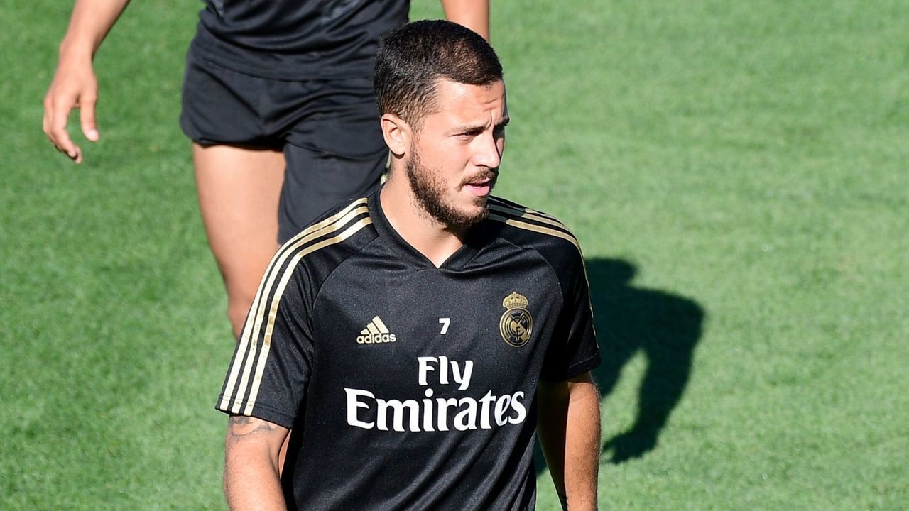 Real Madrid's Belgian forward Eden Hazard takes part in a training session at Real Madrid's sport city in Madrid on August 16, 2019.