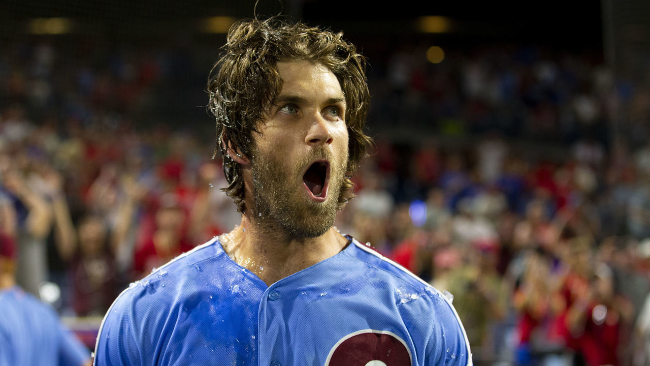PHILADELPHIA, PA - AUGUST 15: Bryce Harper #3 of the Philadelphia Phillies reacts after hitting a walk-off grand slam against the Chicago Cubs at Citizens Bank Park on August 15, 2019 in Philadelphia, Pennsylvania. The Phillies defeated the Cubs 7-5.