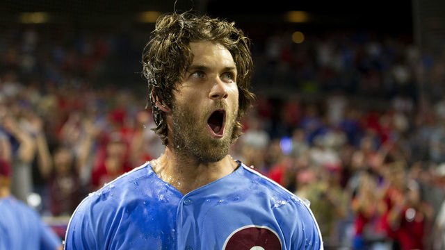 PHILADELPHIA, PA - AUGUST 15: Bryce Harper #3 of the Philadelphia Phillies reacts after hitting a walk-off grand slam against the Chicago Cubs at Citizens Bank Park on August 15, 2019 in Philadelphia, Pennsylvania. The Phillies defeated the Cubs 7-5.