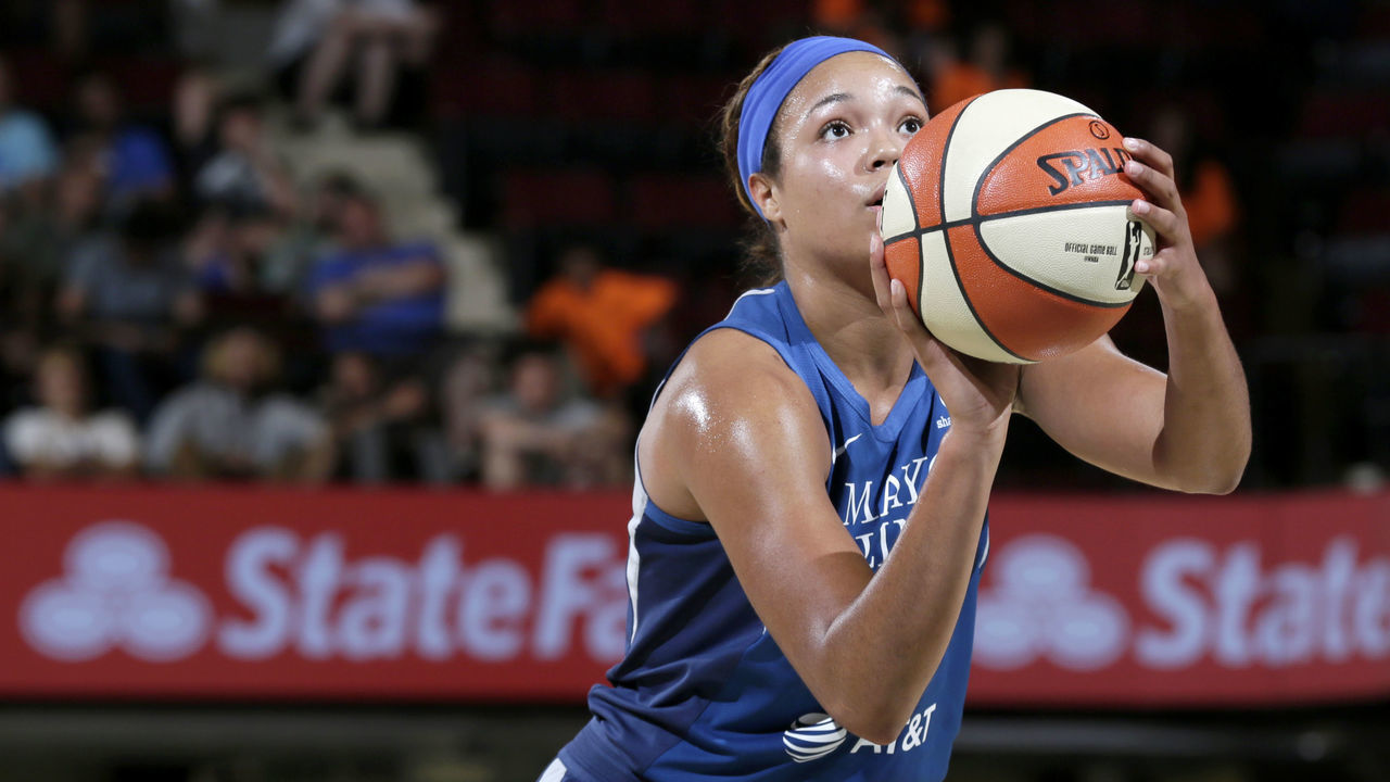 WHITE PLAINS, NY- AUGUST 13: Napheesa Collier #24 of the Minnesota Lynx shoots a free-throw against the New York Liberty on August 13, 2019 at the Westchester County Center, in White Plains, New York. Mandatory Copyright Notice: Copyright 2019 NBAE