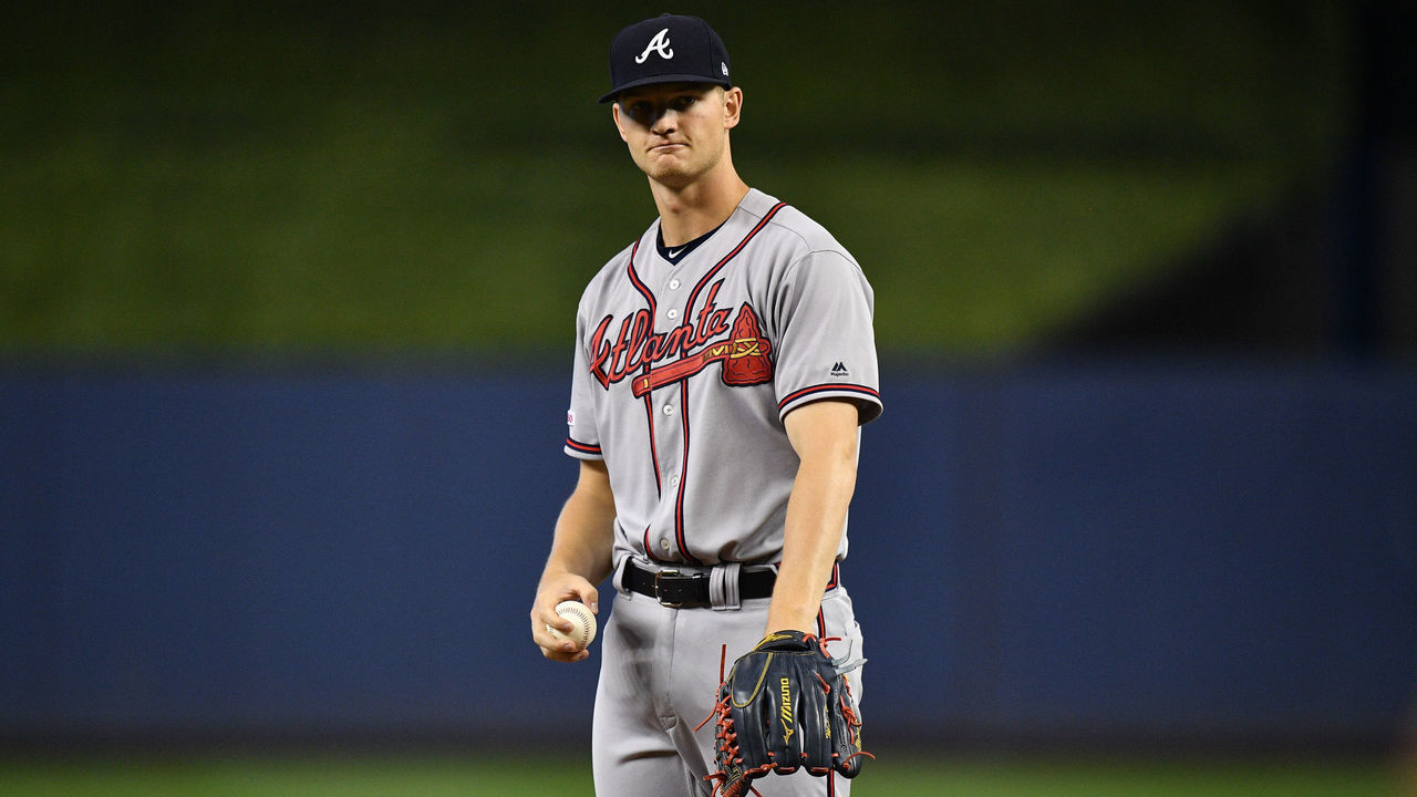 MIAMI, FL - AUGUST 10: Mike Soroka #40 of the Atlanta Braves delivers a pitch against the Miami Marlins at Marlins Park on August 10, 2019 in Miami, Florida.