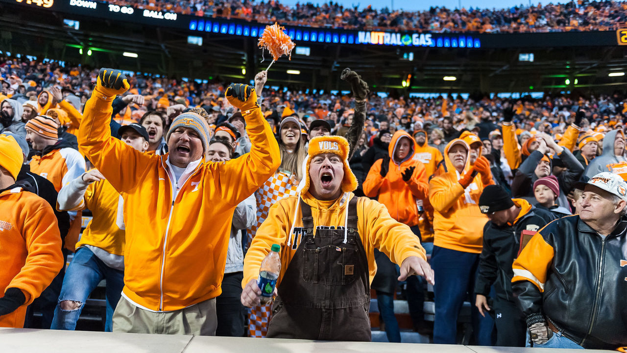 KNOXVILLE, TN - NOVEMBER 10: Tennessee Volunteers fans celebrate during a college football game between the Tennessee Volunteers and Kentucky Wildcats on November 10, 2018, at Neyland Stadium in Knoxville, TN.