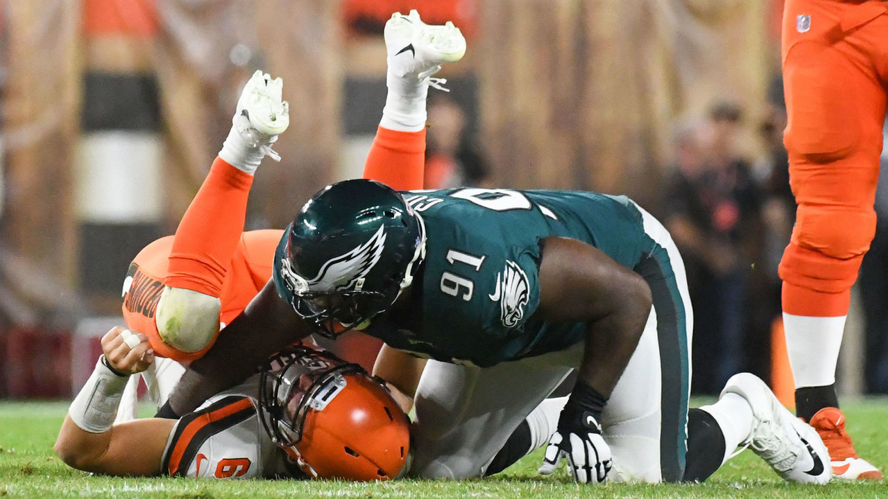 CLEVELAND, OH - AUGUST 23, 2018: Defensive end Fletcher Cox #91 of the Philadelphia Eagles sacks quarterback Baker Mayfield #6 of the Cleveland Browns in the first quarter of a preseason game on August 23, 2018 at FirstEnergy Stadium in Cleveland, Ohio. Cleveland won 5-0. (Photo by: 2018 Nick Cammett/Diamond Images/Getty Images)