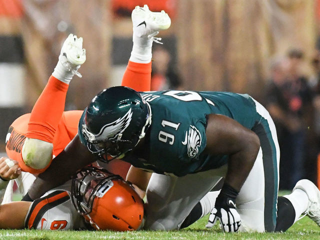 CLEVELAND, OH - AUGUST 23, 2018: Defensive end Fletcher Cox #91 of the Philadelphia Eagles sacks quarterback Baker Mayfield #6 of the Cleveland Browns in the first quarter of a preseason game on August 23, 2018 at FirstEnergy Stadium in Cleveland, Ohio. Cleveland won 5-0. (Photo by: 2018 Nick Cammett/Diamond Images/Getty Images)