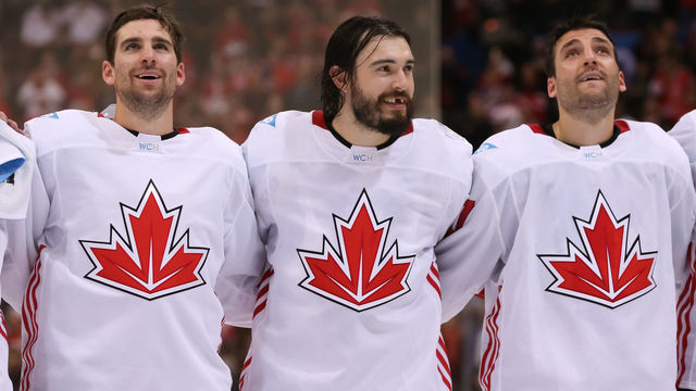 TORONTO, ON - SEPTEMBER 29: John Tavares #20, Drew Doughty #8 and Patrice Bergeron #37 of Team Canada enjoy their national anthem after a 2-1 win over Team Europe during Game Two of the World Cup of Hockey final series at the Air Canada Centre on September 29, 2016 in Toronto, Ontario, Canada.