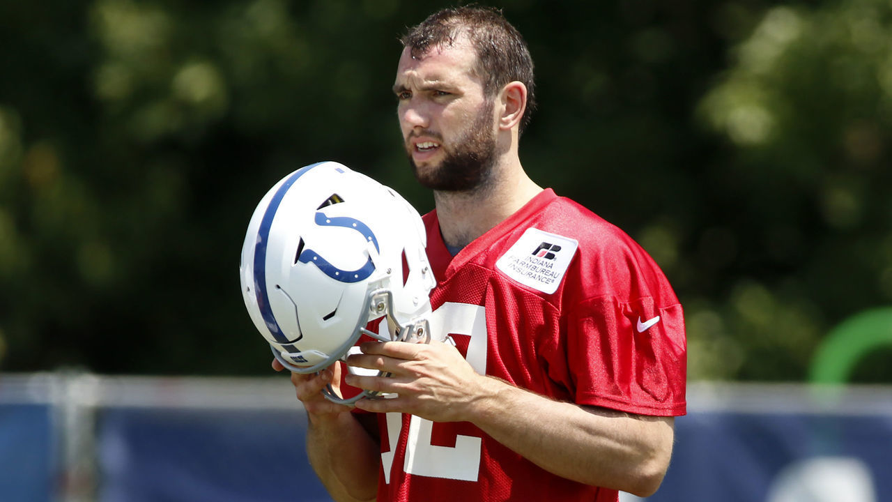 WESTFIELD, INDIANA - AUGUST 5: Andrew Luck #12 of the Indianapolis Colts in action during the Colts training camp at Grand Park on August 5, 2019 in Westfield, Indiana.