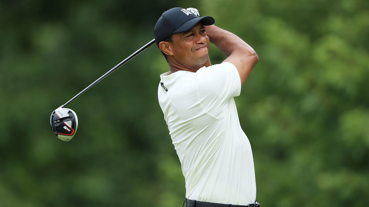 MEDINAH, ILLINOIS - AUGUST 16: Tiger Woods of the United States plays his shot from the fifth tee during the second round of the BMW Championship at Medinah Country Club No. 3 on August 16, 2019 in Medinah, Illinois.