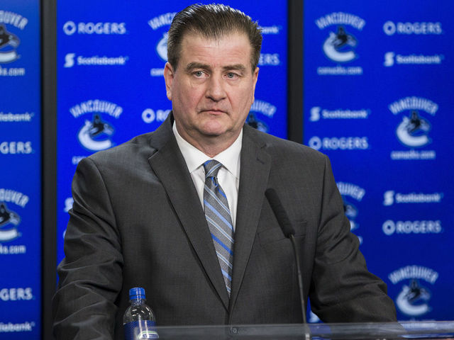 VANCOUVER, BC - FEBRUARY 28: Vancouver Canucks General Manager Jim Benning speaks to the media after a game between against the Vancouver Canucks and Detroit Red Wings. Benning was discussing the recent trades of Vancouver Canucks Left Wing Alexandre Burrows (14) and Vancouver Canucks Right Wing Jannik Hansen (36). February 28, 2017, at Rogers Arena in Vancouver, BC.