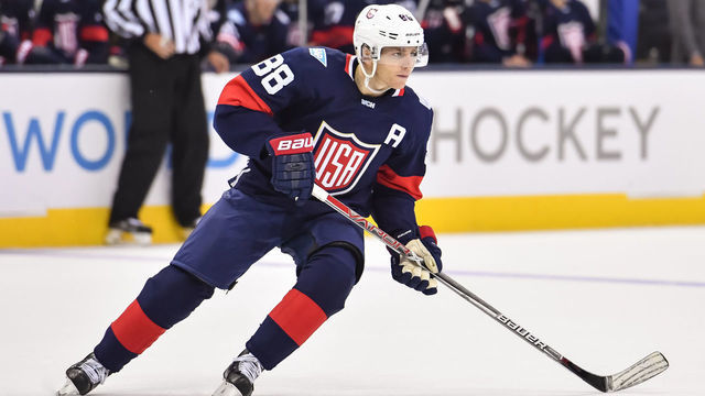 COLUMBUS, OH - SEPTEMBER 9: Patrick Kane #88 of Team USA skates with the puck against Team Canada on September 9, 2016 at Nationwide Arena in Columbus, Ohio.