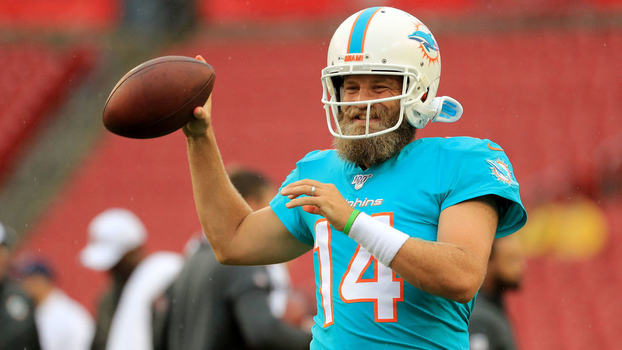 TAMPA, FLORIDA - AUGUST 16: Ryan Fitzpatrick #14 of the Miami Dolphins warms up against the Tampa Bay Buccaneers before their preseason game at Raymond James Stadium on August 16, 2019 in Tampa, Florida.
