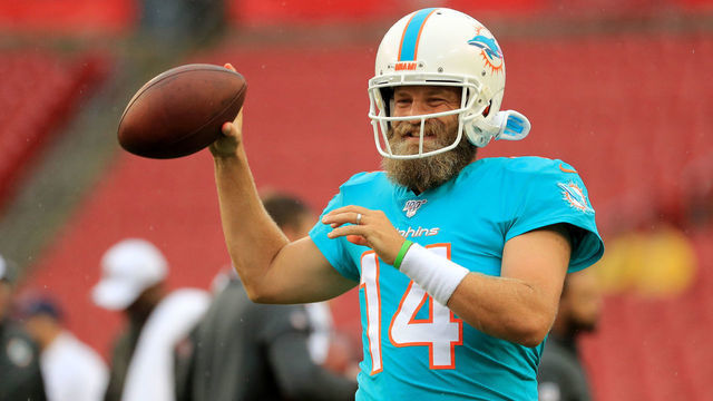 TAMPA, FLORIDA - AUGUST 16: Ryan Fitzpatrick #14 of the Miami Dolphins warms up against the Tampa Bay Buccaneers before their preseason game at Raymond James Stadium on August 16, 2019 in Tampa, Florida.