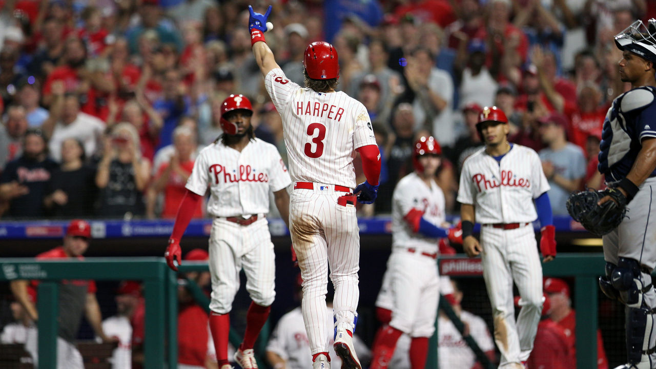 PHILADELPHIA, PA - AUGUST 16: Bryce Harper #3 of the Philadelphia Phillies hits a home run against the San Diego Padres at Citizens Bank Park on Friday, August 16, 2019 in Philadelphia, Pennsylvania.