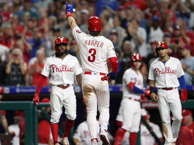 PHILADELPHIA, PA - AUGUST 16: Bryce Harper #3 of the Philadelphia Phillies hits a home run against the San Diego Padres at Citizens Bank Park on Friday, August 16, 2019 in Philadelphia, Pennsylvania.