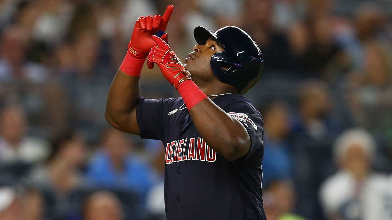 NEW YORK, NEW YORK - AUGUST 16: Yasiel Puig #66 of the Cleveland Indians celebrates after hitting a home run to right field in the seventh inning against the New York Yankees at Yankee Stadium on August 16, 2019 in New York City.