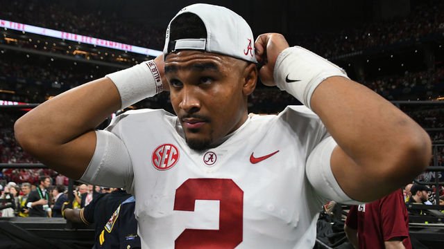 ATLANTA, GA - DECEMBER 01: A victorious Alabama Crimson Tide Quarterback Jalen Hurts (2) after the SEC Championship between the Alabama Crimson Tide and the Georgia Bulldogs on December 01, 2018, at Mercedes-Benz Stadium in Atlanta, Ga.