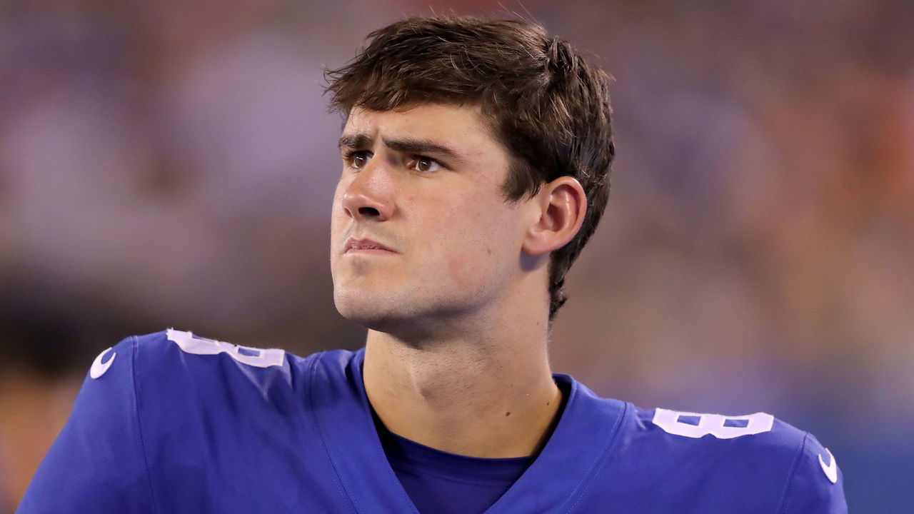 EAST RUTHERFORD, NEW JERSEY - AUGUST 16: Daniel Jones #8 of the New York Giants looks on from the bench in the second half against the Chicago Bears during a preseason game at MetLife Stadium on August 16, 2019 in East Rutherford, New Jersey.