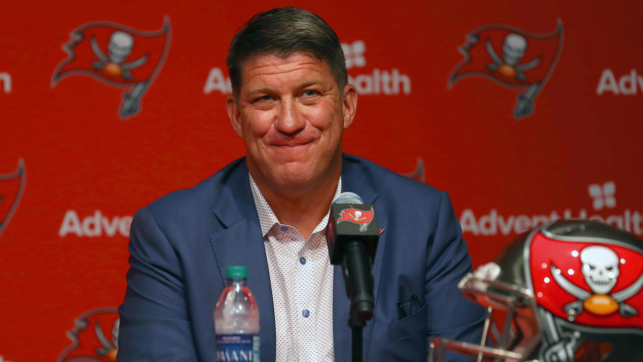 TAMPA, FL - APRIL 26: General Manager Jason Licht speaks to the gathered media during the introductory press conference for 2019 Tampa Bay Buccaneers 1st round pick Devin White on April 26, 2019 at One Buccaneer Place in Tampa,FL.
