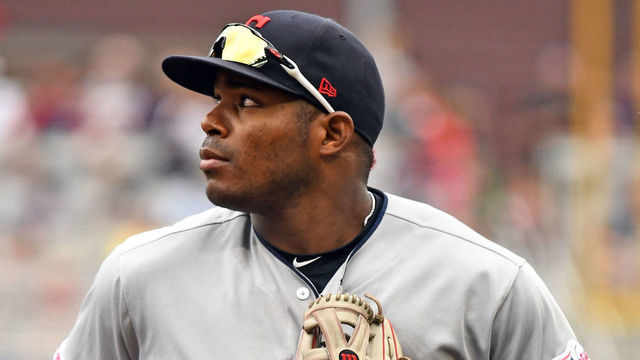 MINNEAPOLIS, MN - AUGUST 11: Cleveland Indians Right field Yasiel Puig (66) runs back to the dugout at the end of an inning during a game between the Cleveland Indians and Minnesota Twins on August 11, 2019 at Target Field in Minneapolis, MN.
