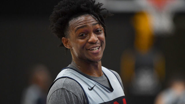 EL SEGUNDO, CA - AUGUST 15: De'Aaron Fox #20 looks on during the 2019 USA Men's National Team World Cup training camp at UCLA Health Training Center on August 15, 2019 in El Segundo, California.