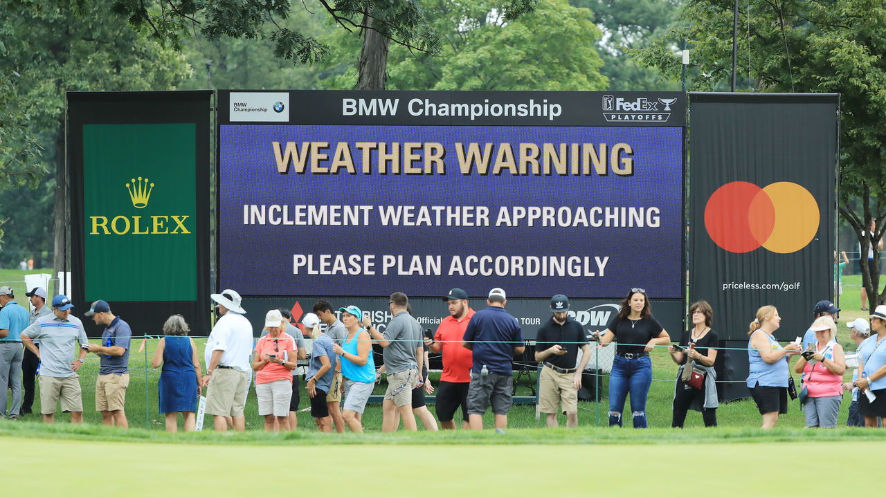 MEDINAH, ILLINOIS - AUGUST 17: Signage warns of approaching inclement weather prior to a suspension in play during the third round of the BMW Championship at Medinah Country Club No. 3 on August 17, 2019 in Medinah, Illinois.