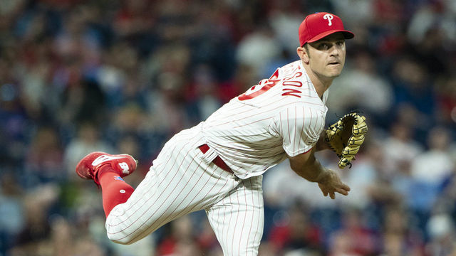 PHILADELPHIA, PA - APRIL 08: Philadelphia Phillies Pitcher David Robertson (30) throws over to first base during the eighth inning of the game between the Washington Nationals and the Philadelphia Phillies on April 8, 2019, at Citizens Bank Park in Philadelphia, PA.