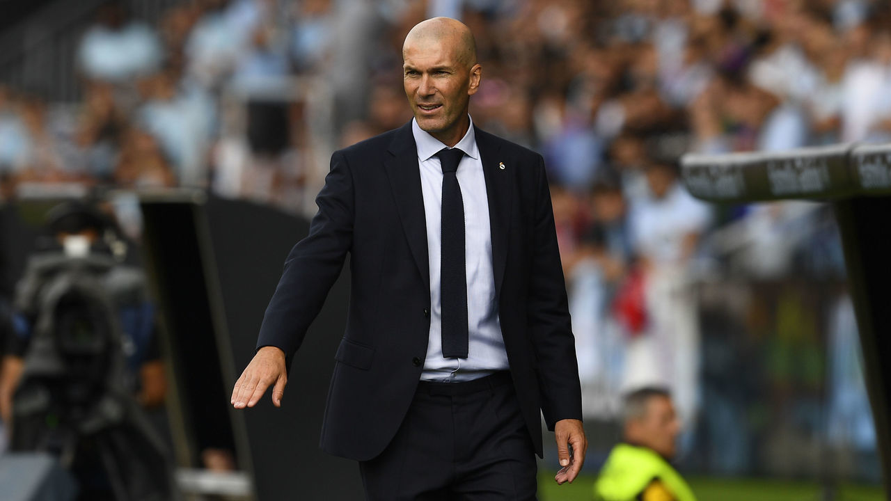 VIGO, SPAIN - AUGUST 17: Head coach Zinedine Zidane of Real Madrid during the Liga match between RC Celta de Vigo and Real Madrid CF at Abanca-Balaídos on August 17, 2019 in Vigo, Spain.