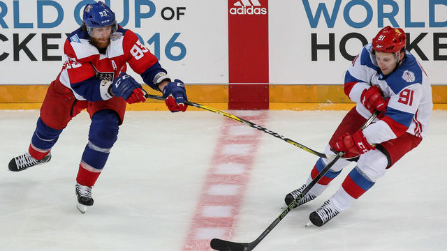 PRAGUE, CZECH REPUBLIC - SEPTEMBER 10: Jakub Voracek (L) of Czech Republic and Vladimir Tarasenko (R) of Russia battle for the puck during the 2016 World Cup of Hockey preparation match between Czech Republic and Russia at O2 Arena Prague on September 10, 2016 in Prague, Czech Republic.