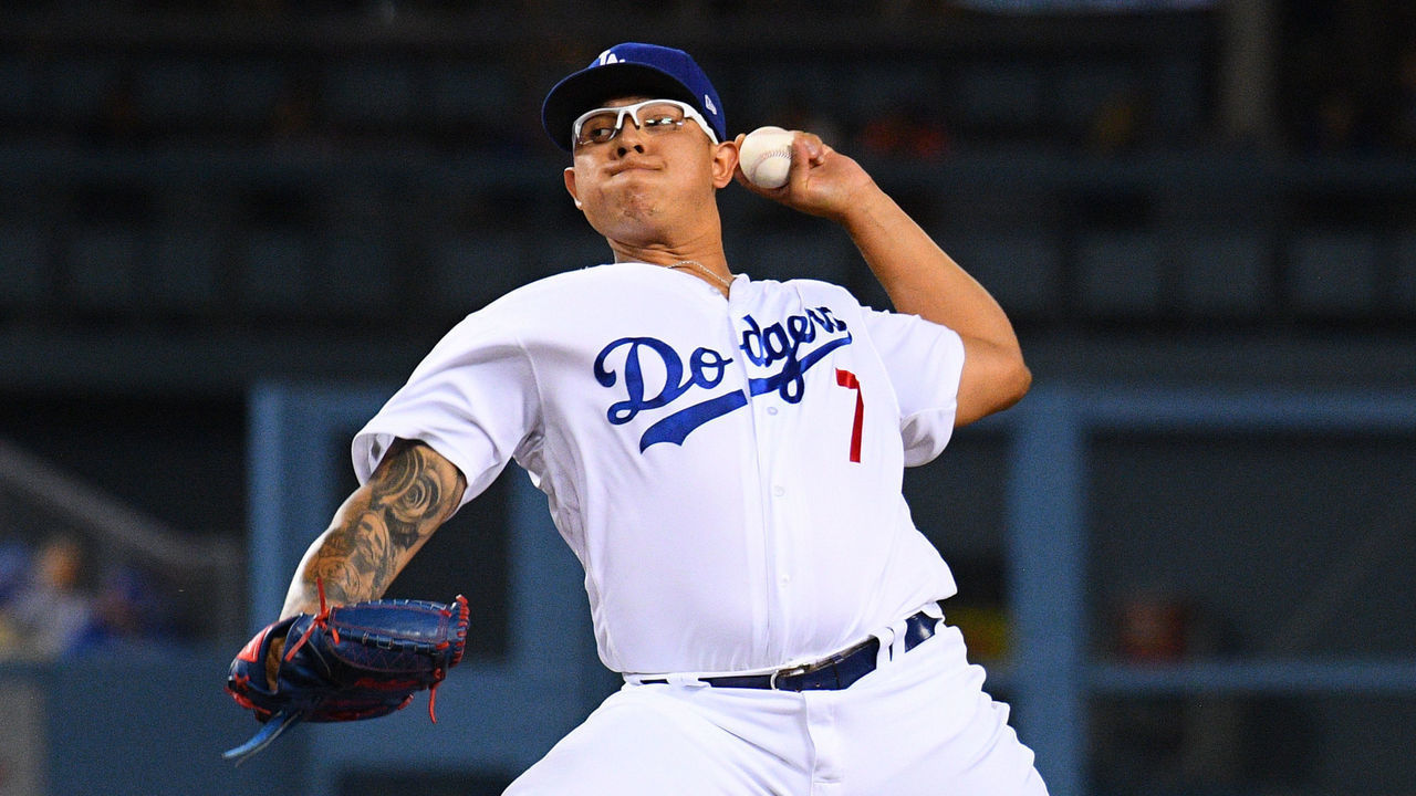 LOS ANGELES, CA - AUGUST 09: Los Angeles Dodgers pitcher Julio Urias (7) throws a pitch during a MLB game between the Arizona Diamondbacks and the Los Angeles Dodgers on August 9, 2019 at Dodger Stadium in Los Angeles, CA.
