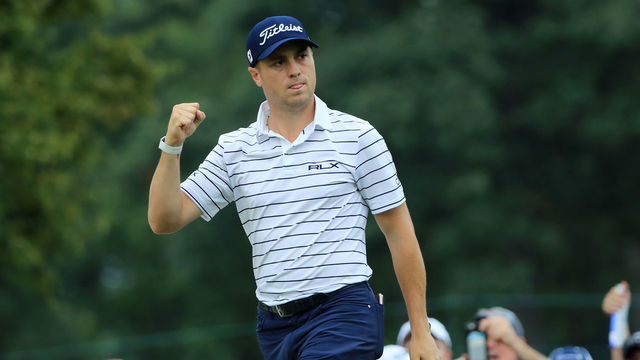 MEDINAH, ILLINOIS - AUGUST 17: Justin Thomas of the United States celebrates after chipping in on the 14th hole during the third round of the BMW Championship at Medinah Country Club No. 3 on August 17, 2019 in Medinah, Illinois.