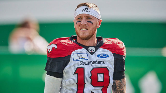 REGINA, SK - AUGUST 19: Bo Levi Mitchell #19 of the Calgary Stampeders on the field during pregame warmup for the game between the Calgary Stampeders and Saskatchewan Roughriders at Mosaic Stadium on August 19, 2018 in Regina, Canada.