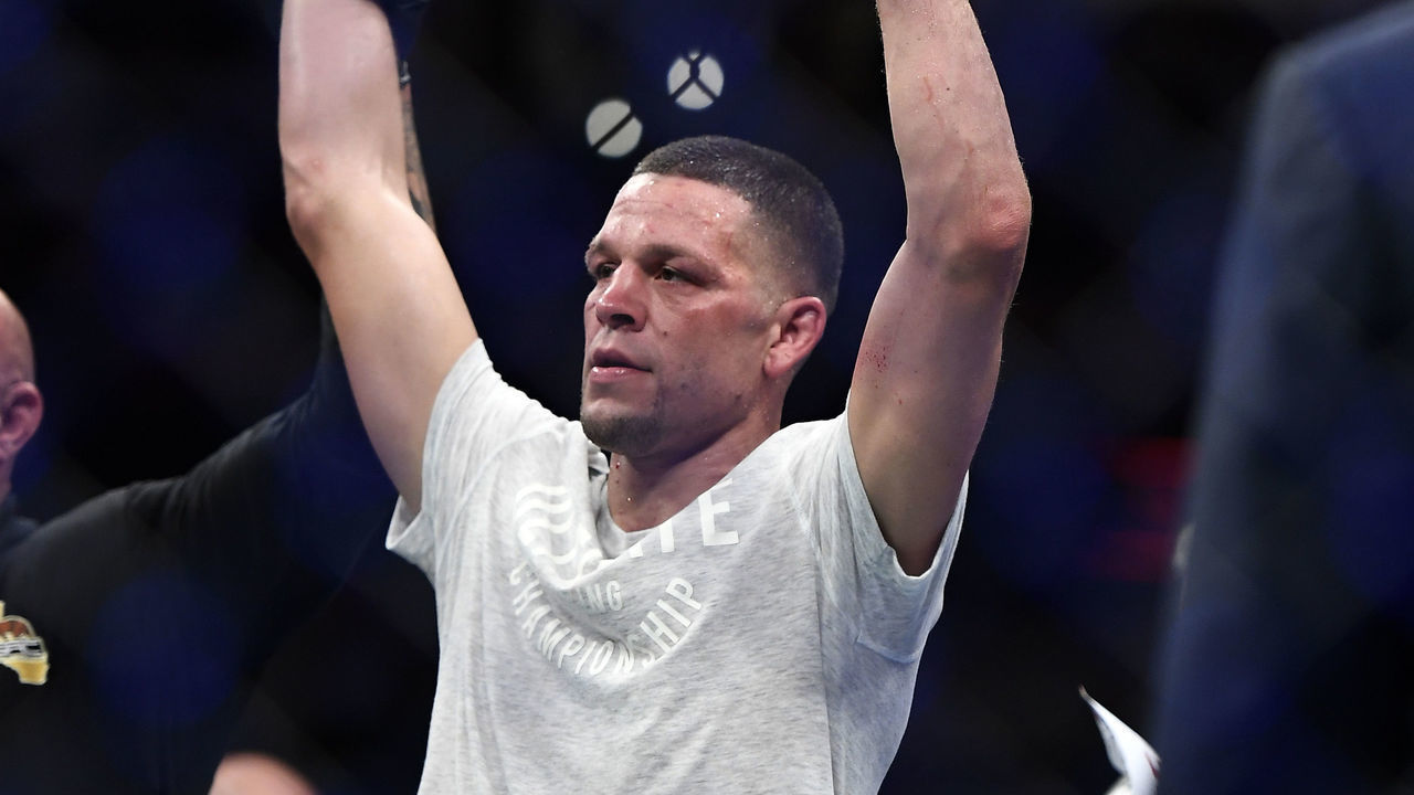 ANAHEIM, CA - AUGUST 17: Nate Diaz celebrates after defeating Anthony Pettis during their welterweight bout at Honda Center on August 17, 2019 in Anaheim, California.