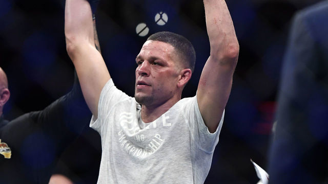 ANAHEIM, CA - AUGUST 17: Nate Diaz celebrates after defeating Anthony Pettis during their welterweight bout at Honda Center on August 17, 2019 in Anaheim, California.