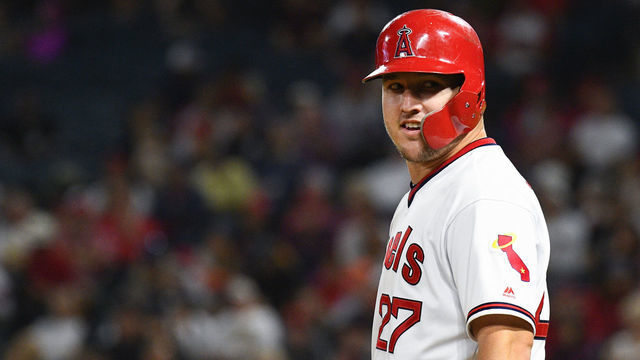 ANAHEIM, CA - AUGUST 17: Los Angeles Angels center fielder Mike Trout (27) looks on during a MLB game between the Chicago White Sox and the Los Angeles Angels of Anaheim on August 17, 2019 at Angel Stadium of Anaheim in Anaheim, CA.