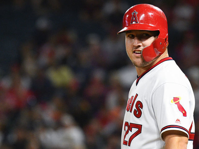 ANAHEIM, CA - AUGUST 17: Los Angeles Angels center fielder Mike Trout (27) looks on during a MLB game between the Chicago White Sox and the Los Angeles Angels of Anaheim on August 17, 2019 at Angel Stadium of Anaheim in Anaheim, CA.