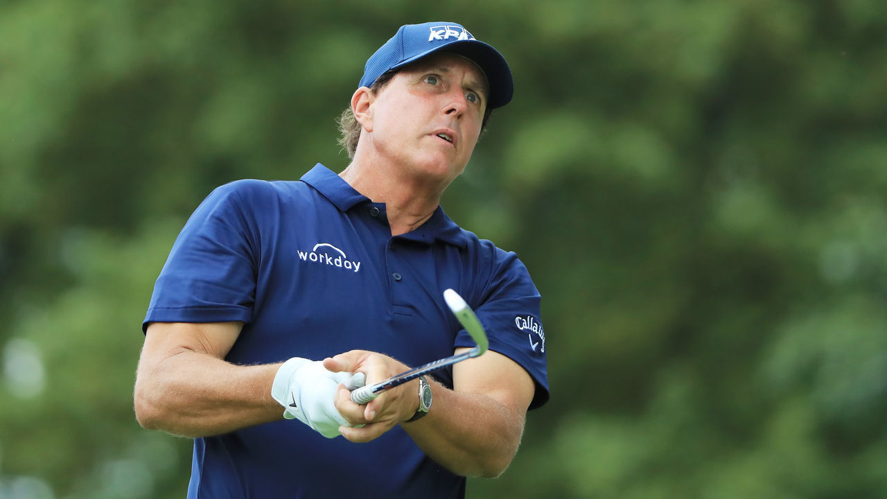 MEDINAH, ILLINOIS - AUGUST 17: Phil Mickelson of the United States plays a shot on the 15th hole during the third round of the BMW Championship at Medinah Country Club No. 3 on August 17, 2019 in Medinah, Illinois.