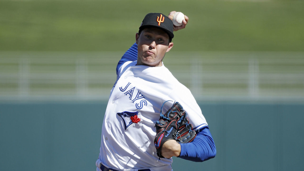 SURPRISE, AZ - OCTOBER 18: Nate Pearson #20 of the Surprise Saguaros and Toronto Blue Jays pitches during the 2018 Arizona Fall League on October 18, 2018 at Surprise Stadium in Surprise, Arizona.