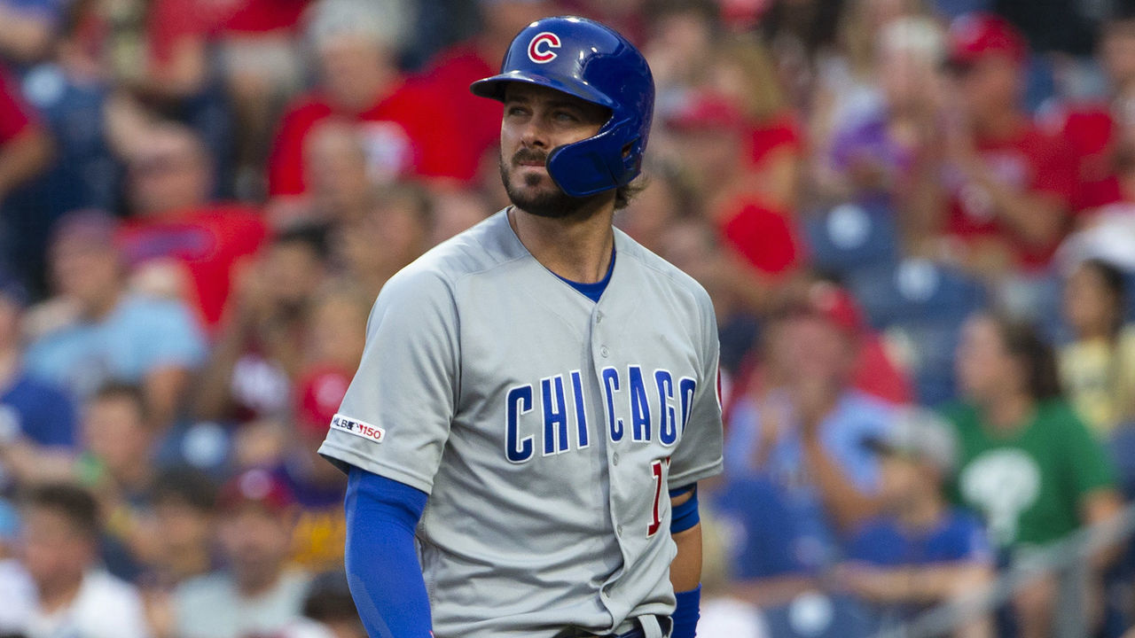 PHILADELPHIA, PA - AUGUST 14: Kris Bryant #17 of the Chicago Cubs looks on against the Philadelphia Phillies at Citizens Bank Park on August 14, 2019 in Philadelphia, Pennsylvania. The Phillies defeated the Cubs 11-1.