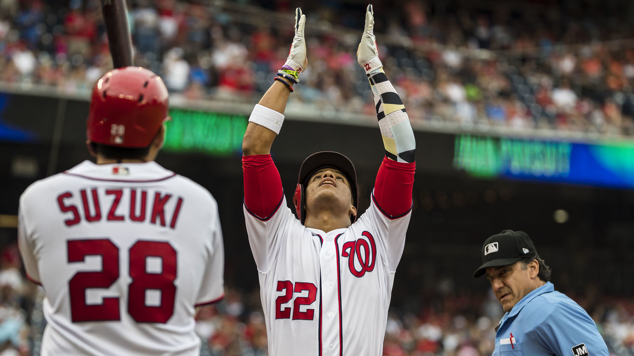 WASHINGTON, DC - JULY 31: Juan Soto #22 of the Washington Nationals celebrates after hitting a home run against the Atlanta Braves during the second inning at Nationals Park on July 31, 2019 in Washington, DC.