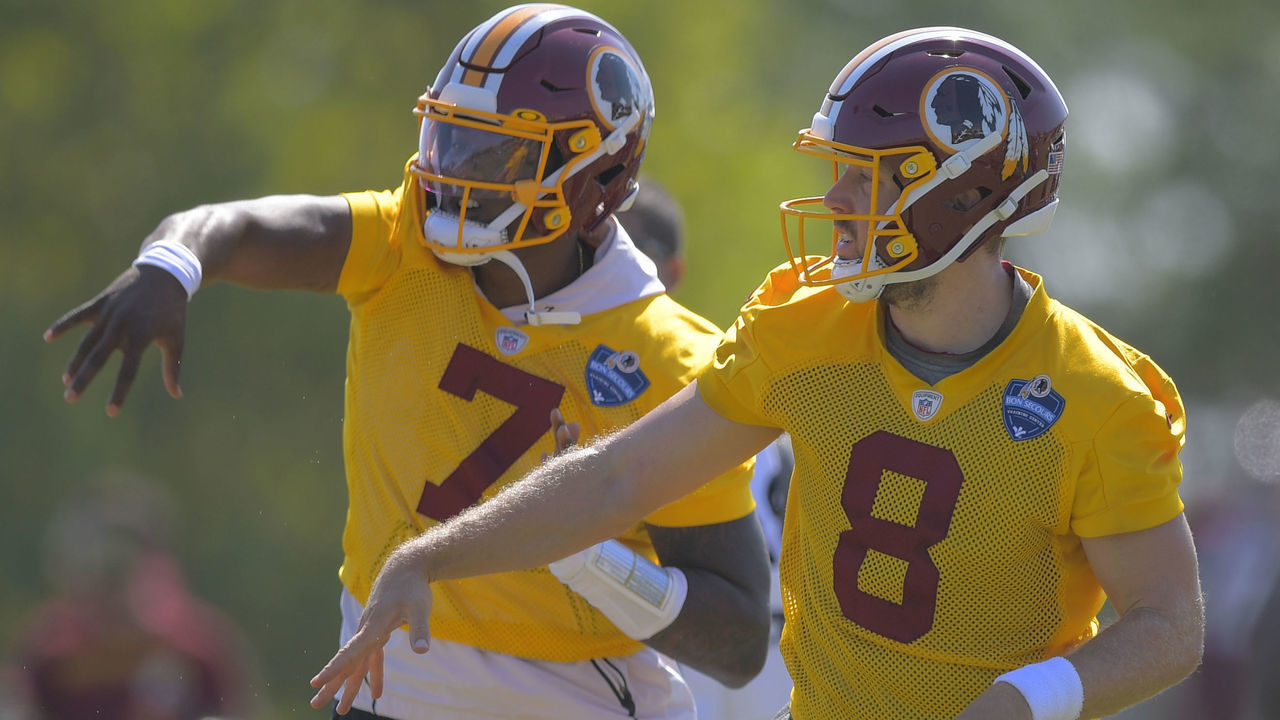 RICHMOND, VA - AUGUST 1: Washington Redskins quarterback Dwayne Haskins (7), left, and Washington Redskins quarterback Case Keenum (8) during day 8 of summer training camp in Richmond, VA on August 1, 2019 .