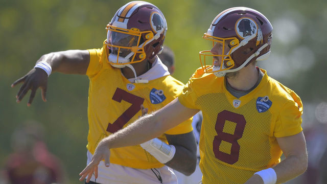 RICHMOND, VA - AUGUST 1: Washington Redskins quarterback Dwayne Haskins (7), left, and Washington Redskins quarterback Case Keenum (8) during day 8 of summer training camp in Richmond, VA on August 1, 2019 .