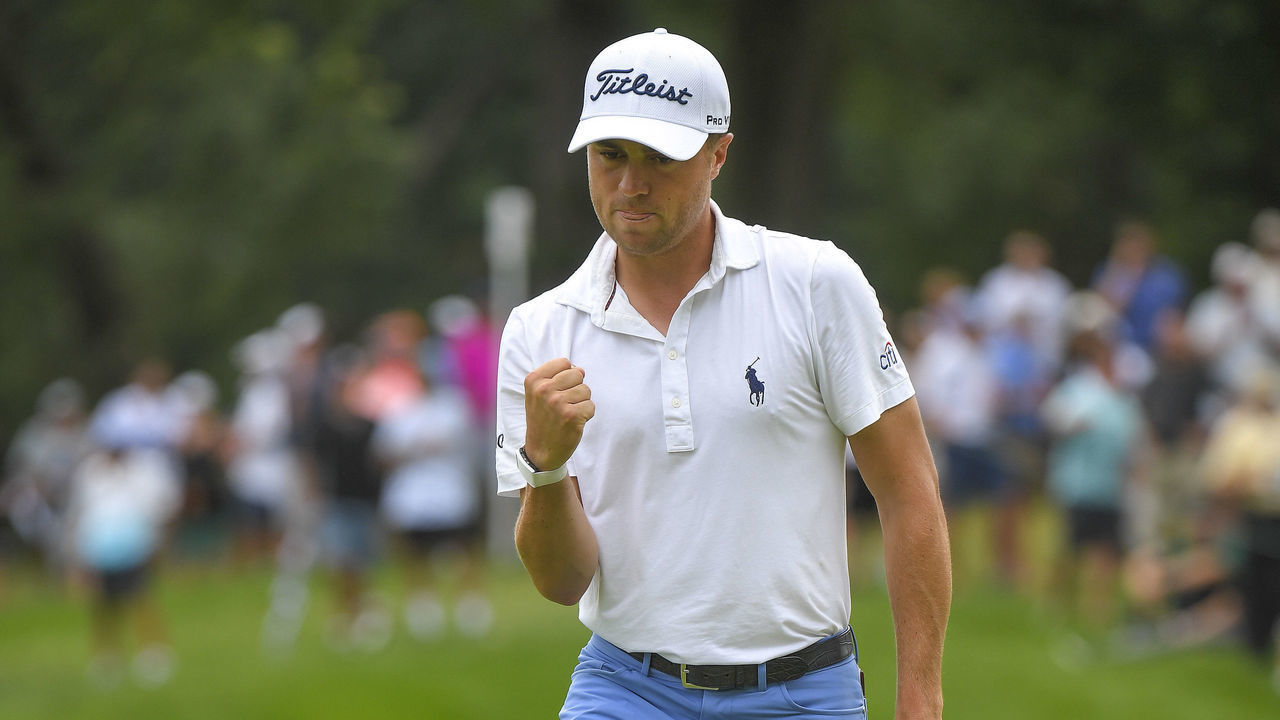 MEDINAH, IL - AUGUST 18 : Justin Thomas reacts to his putt on the fourth hole during the final round of the BMW Championship at Medinah Country Club (No. 3) on August 18, 2019 in Medinah, IL.