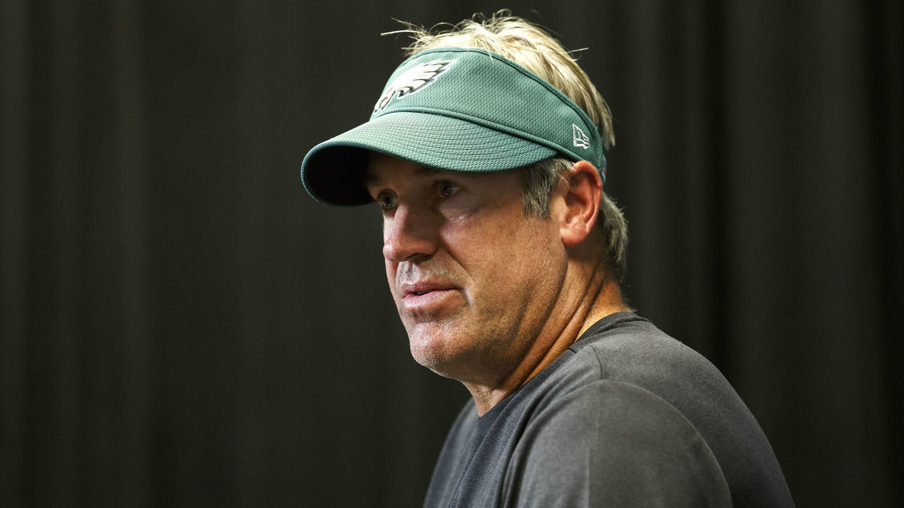 JACKSONVILLE, FL - AUGUST 15: Head Coach Doug Pederson of the Philadelphia Eagles talks with the media after the game against the Jacksonville Jaguars at TIAA Bank Field on August 15, 2019 in Jacksonville, Florida. The Eagles defeated the Jaguars 20 to 10.