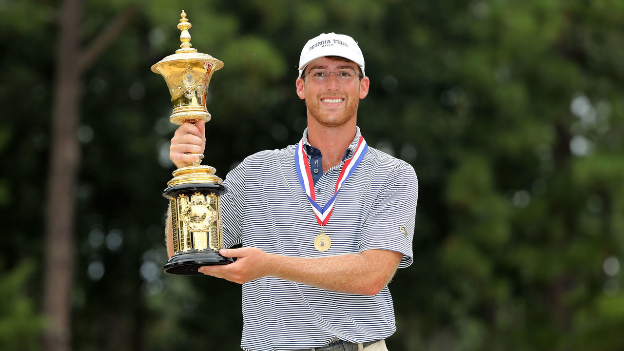 PINEHURST, NORTH CAROLINA - AUGUST 18: Andy Ogletree poses with the Havemeyer Trophy after defeating John Augenstein 2&1 on the 17th green during the 119th USGA U.S. Amateur Championship 36 hole final at Pinehurst Resort and Country Club on August 18, 2019 in Pinehurst, North Carolina.