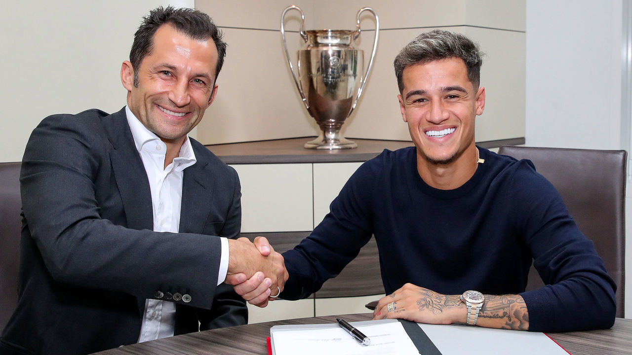 MUNICH, GERMANY - AUGUST 19: FC Bayern Muenchen sport manager Hasan Salihamidzic (L) and newly signed player Philippe Coutinho (R) pose for a picture at Saebener Strasse training ground on August 13, 2019 in Munich, Germany.