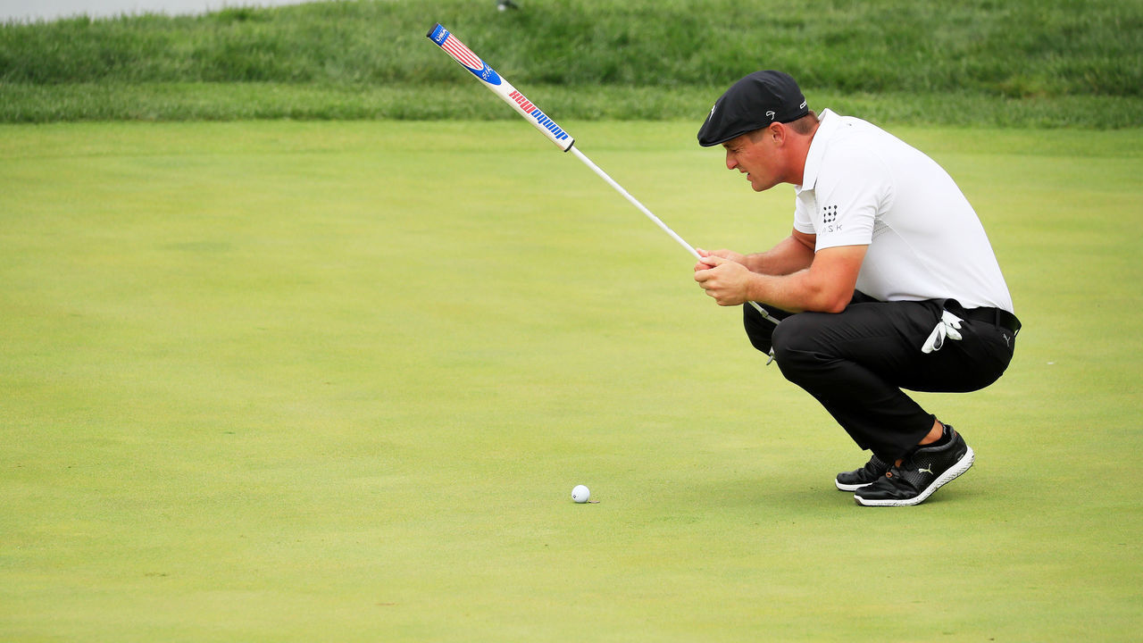 MEDINAH, ILLINOIS - AUGUST 17: Bryson DeChambeau of the United States lines up a putt on the 18th green during the third round of the BMW Championship at Medinah Country Club No. 3 on August 17, 2019 in Medinah, Illinois.