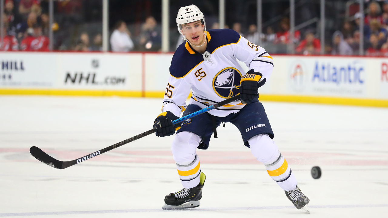 NEWARK, NJ - MARCH 25: Buffalo Sabres defenseman Rasmus Ristolainen (55) skates during the second period of the National Hockey League game between the New Jersey Devils and the Buffalo Sabres on March 25, 2019 at the Prudential Center in Newark, NJ.